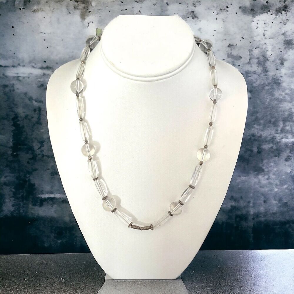 Vintage 1950s Clear Glass Bead Necklace Faceted Barrel Strand Mid Century - 2A